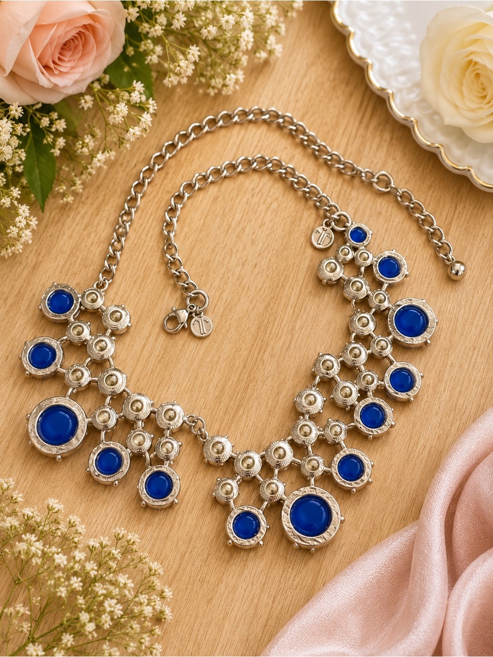 Talbots Gold Chain Statement Necklace with Royal Blue and Emerald Stones Signed - Picture 3 of 4
